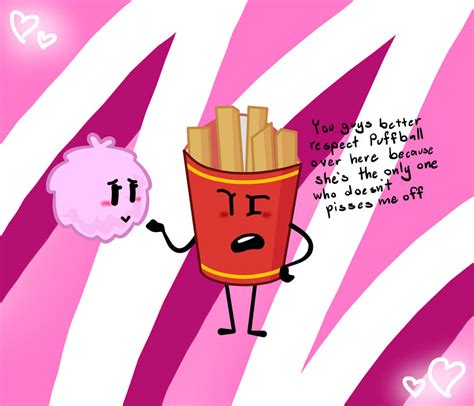 What do you think of <b>Fries</b>'s not doing anything when Tennis Ball said that Golf Ball forbade you from going to Davidland in TPOT 4? Edit: I think it is more accurate to say that Golf Ball forbade <b>Puffball</b> from participating, than from going to Davidland. . Fries x puffball